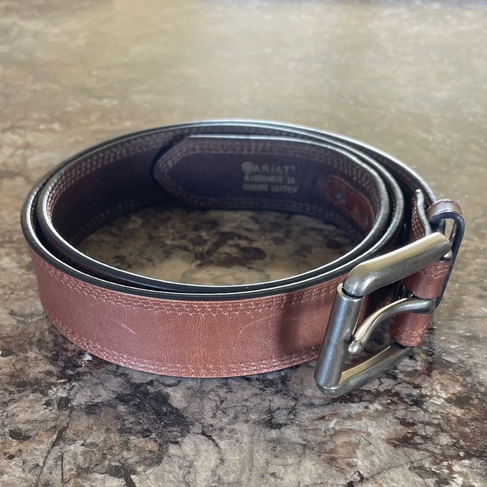 Ariat Men's Brown Leather Belt 38 Western Brushed Metal Buckle Equestrian Rodeo